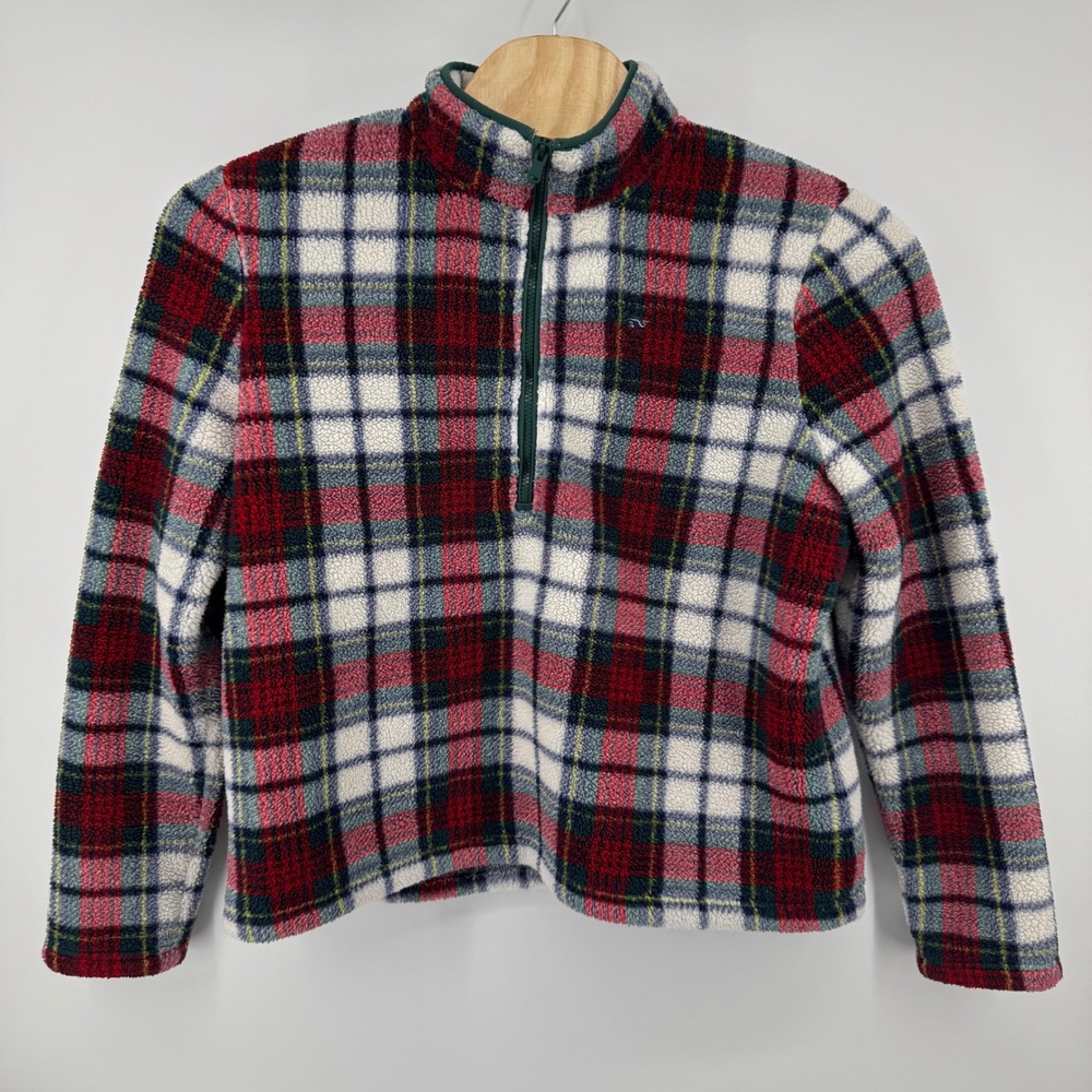 Vineyard Vines Women XL Plaid Sherpa Fleece Quarter Zip Pullover Red Green White - Picture 7 of 12